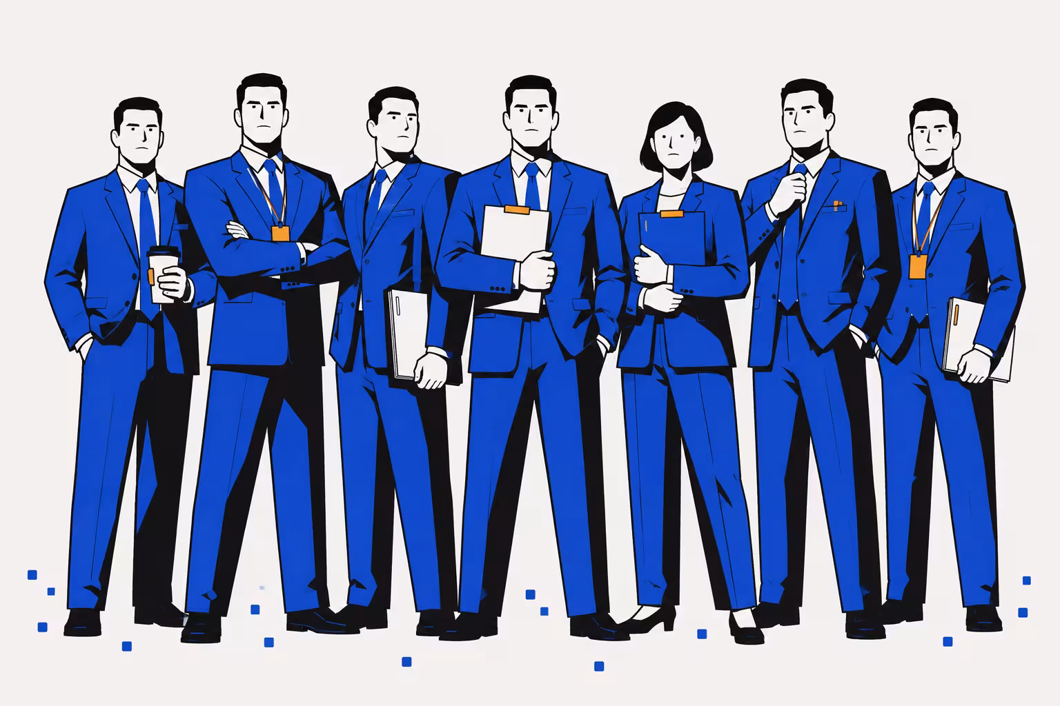 A team of document professionals holding forms and folders.
